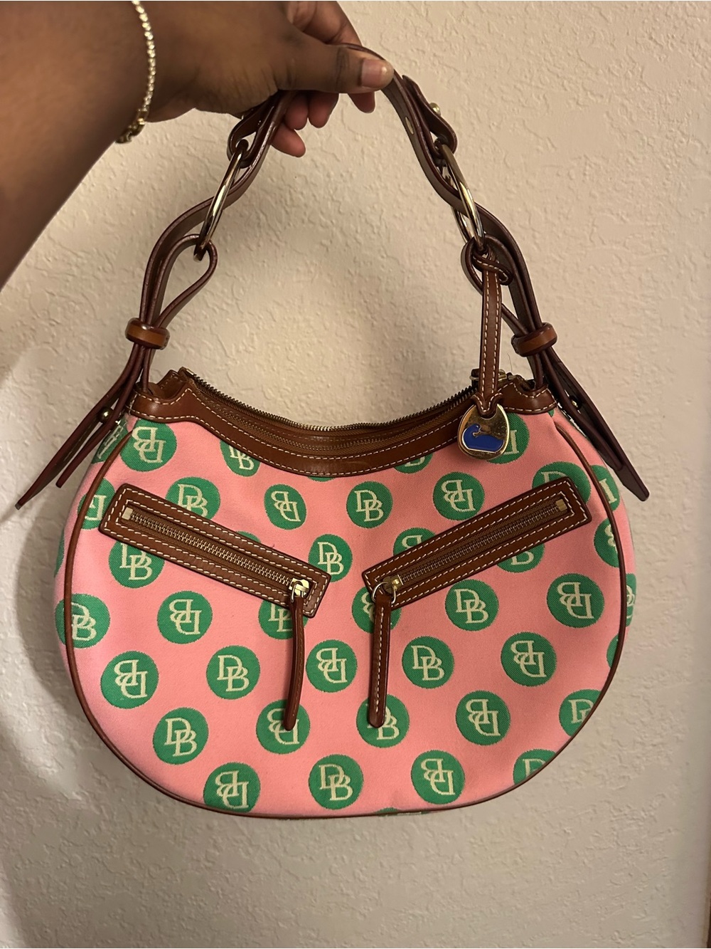 Dooney & Bourke Pink and Green Logo Crescent Shoulder Bag